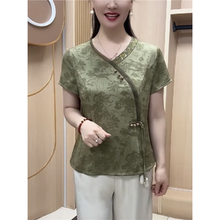 新款 老年人偏襟显瘦衬衫 短袖 国风旗袍小衫 中式 贵夫人真丝衬衣夏季