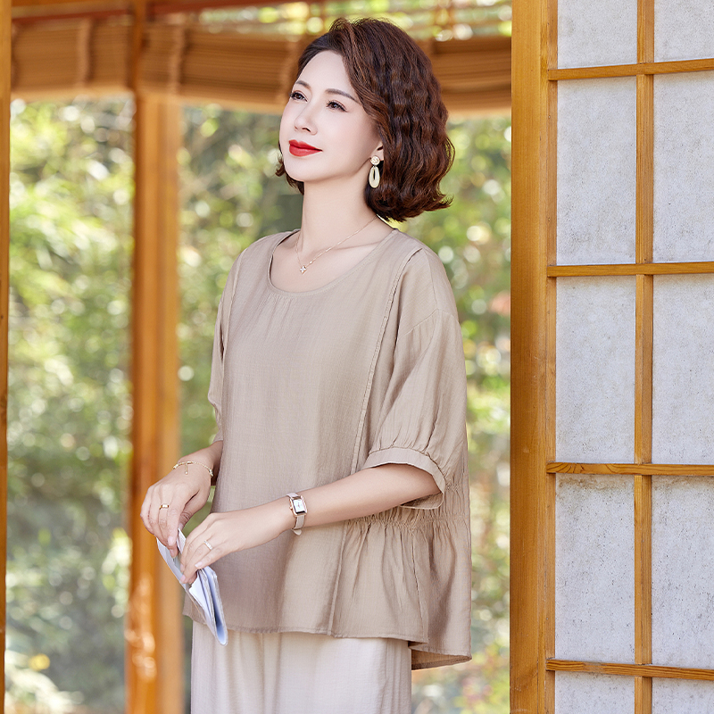 中年妈妈夏装短袖T恤小衫套装2025新款洋气上衣中老年女装两件套