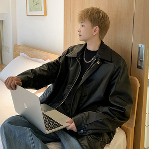 1009-JK146 -P95-限价128 黑色机车服皮衣夹克宽松翻领外套男秋季图片