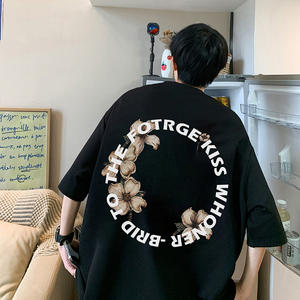 1009-CC424-P23-限价39*港风宽松短袖T恤男夏季新款印花五分袖t恤图片