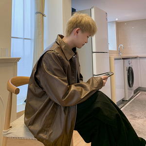 1009-JK146 -P95-限价128 黑色机车服皮衣夹克宽松翻领外套男秋季图片