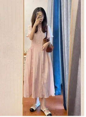 大码夏季法式桔梗宽松休闲茶歇连衣裙女胖MM遮肚子显瘦藏肉长裙子