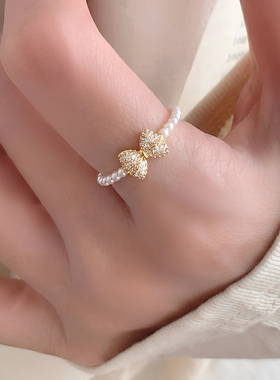 设计师款蝴蝶结珍珠开口戒指女
