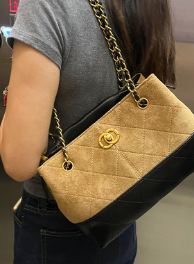 复古高级感羊皮拼色大容量托特包女2025新款链条百搭腋下包单肩包