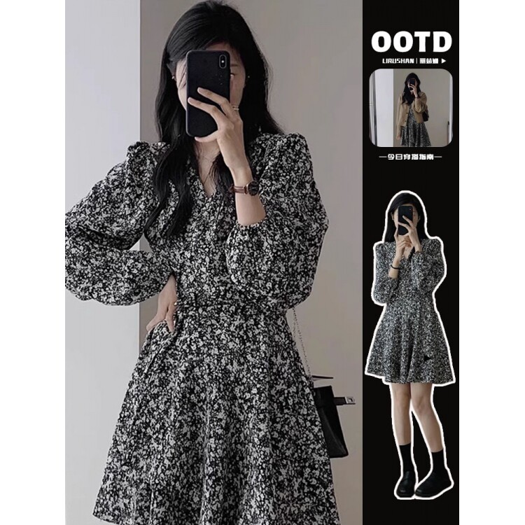 法式气质长袖碎花连衣裙子早秋季2025新款女装显瘦短裙小个子穿搭