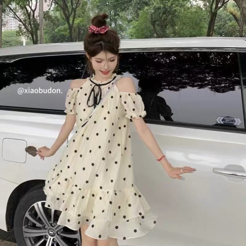 法式气质波点无袖挂脖连衣裙夏季新款女小个子收腰显瘦蓬蓬娃娃裙