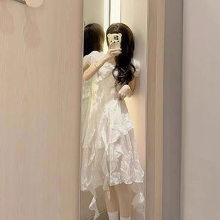 法式初恋仙女白色连衣裙女夏季收腰显瘦小个子气质荷叶不规则裙子