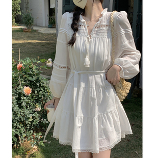 连衣裙女温柔风气质白色裙子 镂空蕾丝女神范拼接爆款 春秋新款 法式