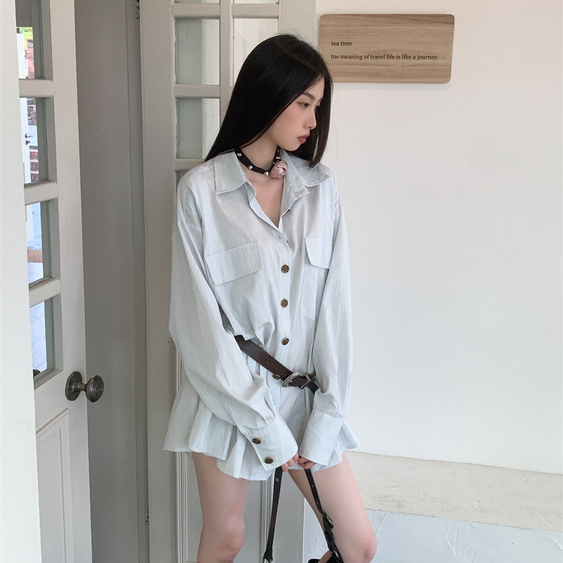 春夏韩版polo领衬衫连衣裙女秋季设计感长袖衬衣裙子收腰a字短裙