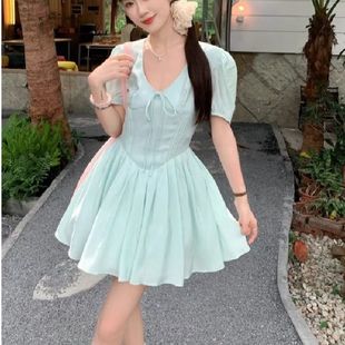 法式 收腰显瘦裙子短裙 小清新度假甜美薄荷泡泡公主连衣裙夏季 新款