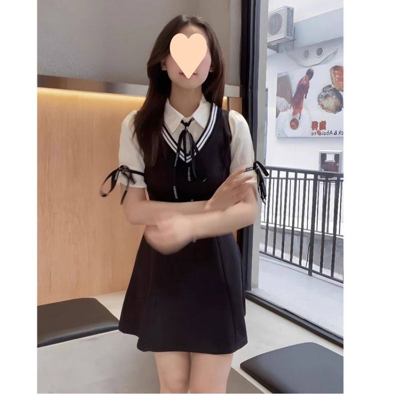 学院风连衣裙假两件女学生夏季小个子polo领拼接收腰显高显瘦短裙图片