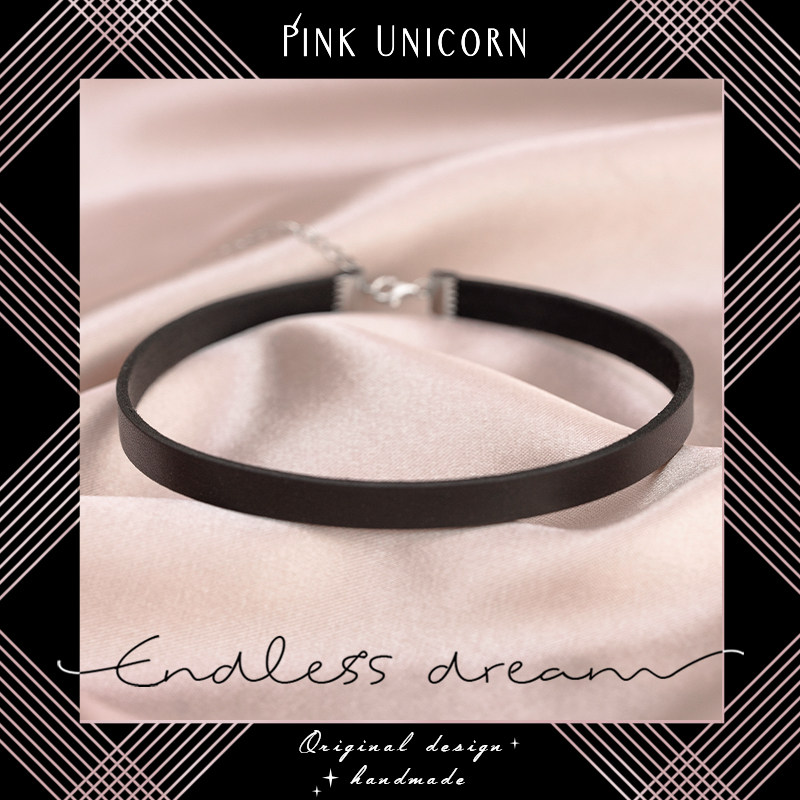 Pink Unicorn S925纯银真皮黑色choker颈链 女 短款 锁骨chocker