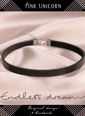 Pink Unicorn S925纯银真皮黑色choker颈链 女 短款 锁骨chocker