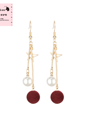 Billion Unicorn 红色毛球耳饰女气质简约日韩珍珠耳环耳夹无耳洞