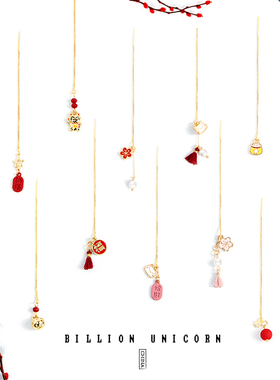 原创中国风新年耳线女红色过年招财猫耳环耳饰无耳洞长款简约耳钉