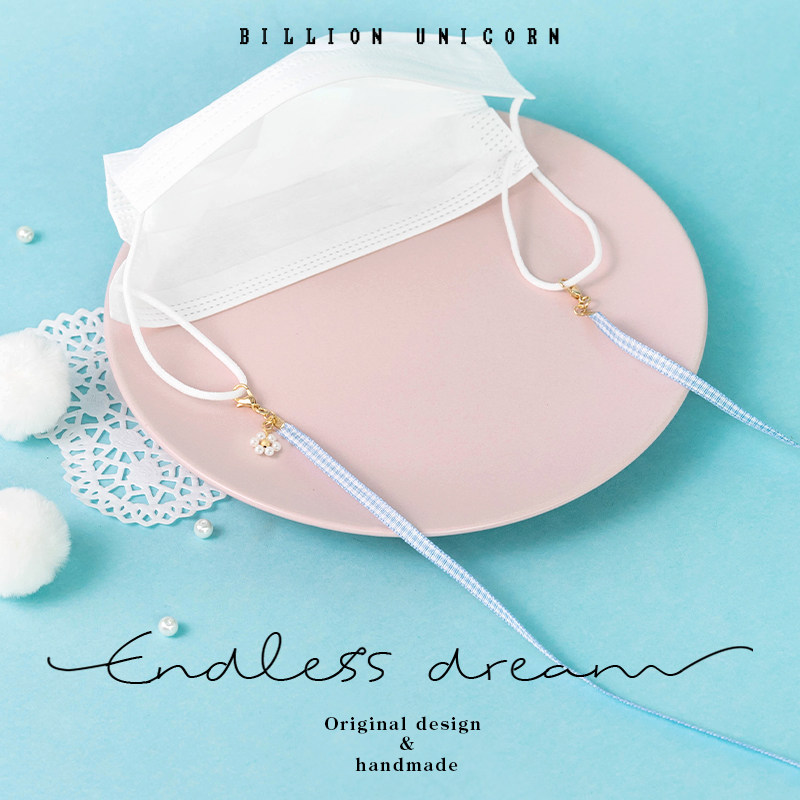 小清新蓝白格子长款口罩链防丢挂绳女珍珠吊坠挂链学生锁骨链ins