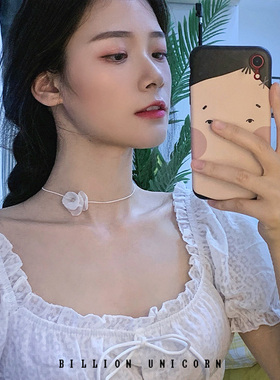 Pinku原创白色花朵chocker锁骨链女森系仙气项链配饰气质颈链