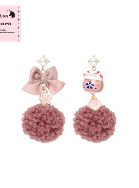 Billion Unicorn 樱花猫毛球耳钉女蝴蝶结适合冬天戴的耳饰无耳洞