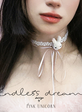Pink原创可爱毛绒小兔子choker芭蕾少女丝带蝴蝶结锁骨链甜妹颈链