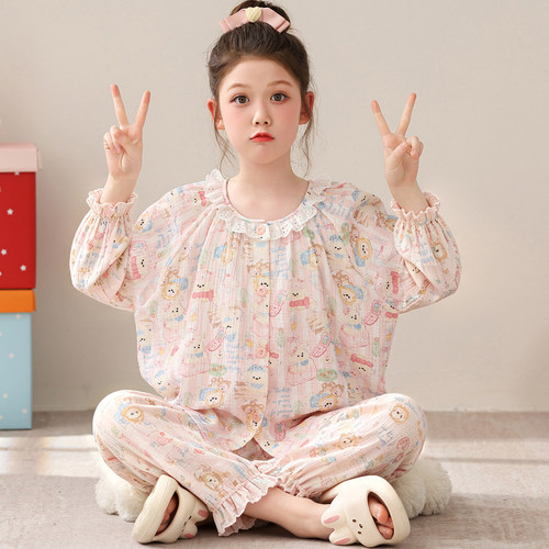 春秋薄款长袖棉纱女童睡衣中大童女孩宽松可爱甜美风家可外穿居服