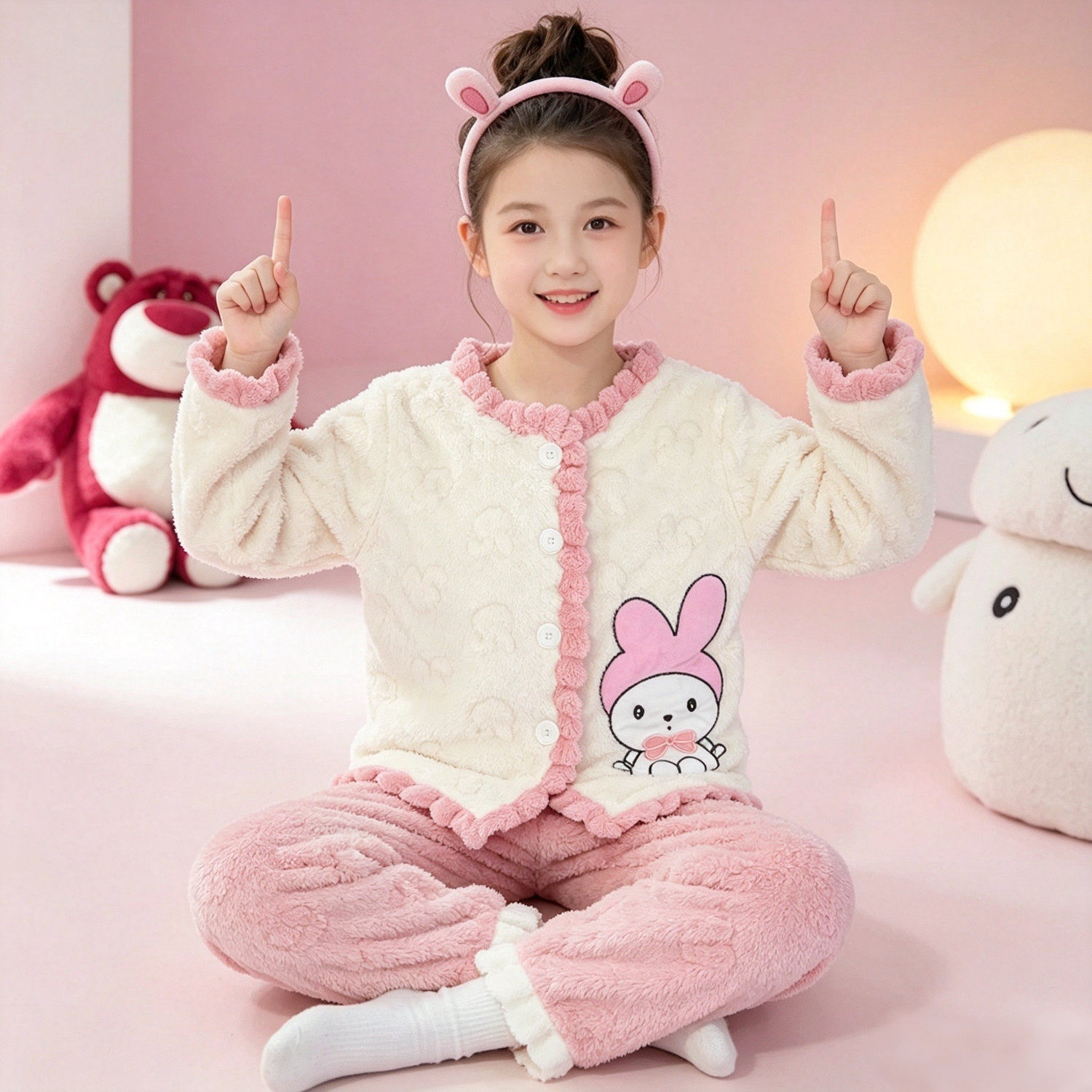 女童秋冬法兰绒睡衣美乐蒂卡通口袋中大童圆领款保暖家居服两件套