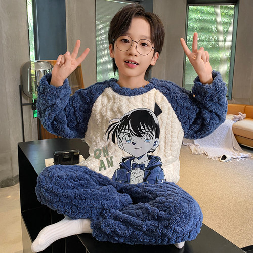 男童柯南加厚保暖法兰绒睡衣套装