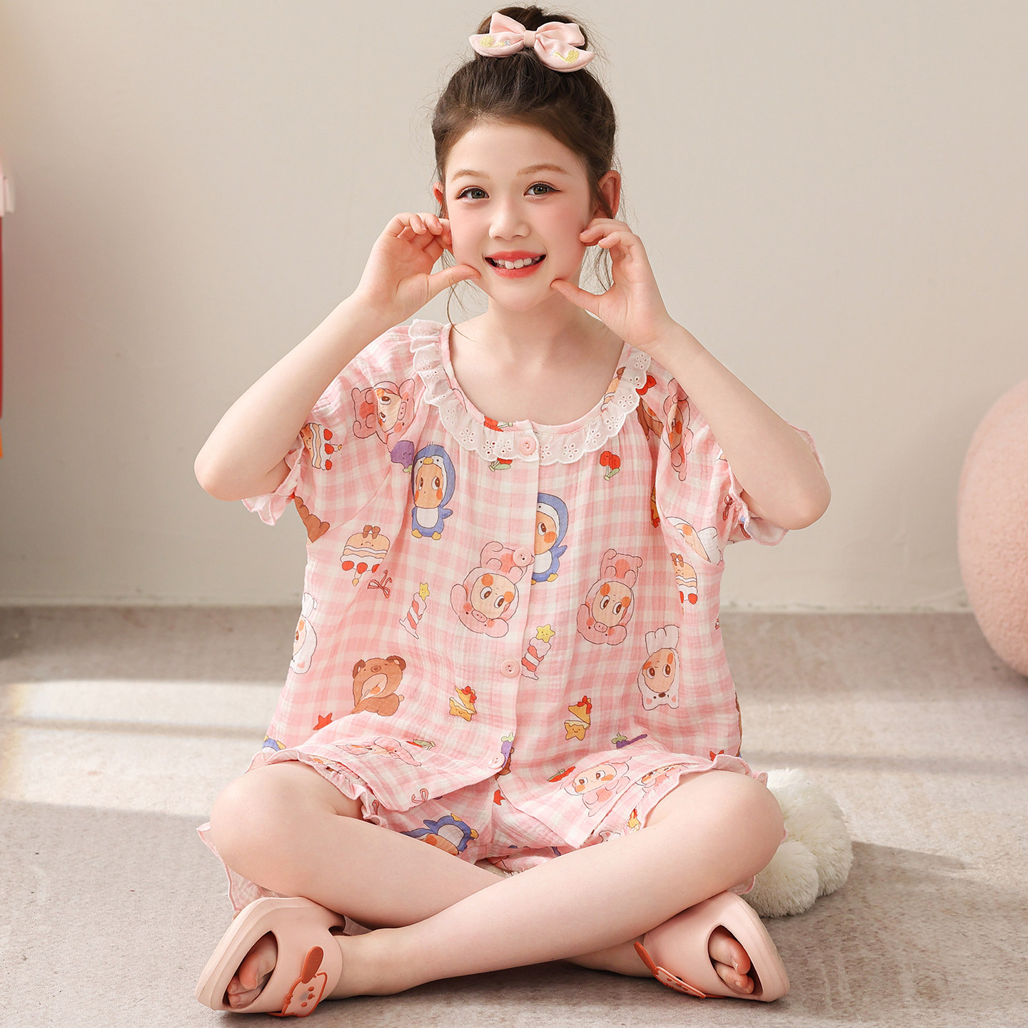 女童睡衣夏季纯棉棉纱短袖短裤薄家居服套装