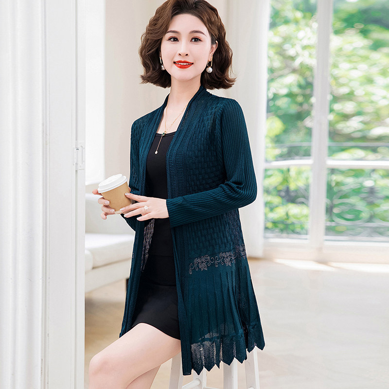 洋气妈妈装冰丝针织开衫镂空外搭中长款女装春秋装长袖披肩外套薄