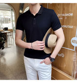 POLO衫 潮流翻领半袖 男夏季 时尚 T恤休闲透气 修身 纯色冰丝条纹短袖
