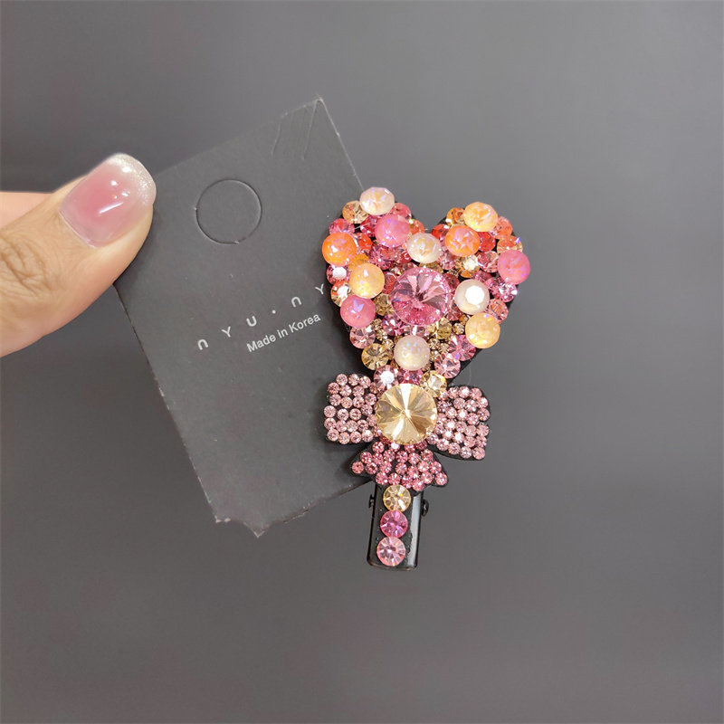 韩版施华S家水晶爱心棒棒糖鸭嘴夹可爱彩色侧边夹刘海夹少女儿童