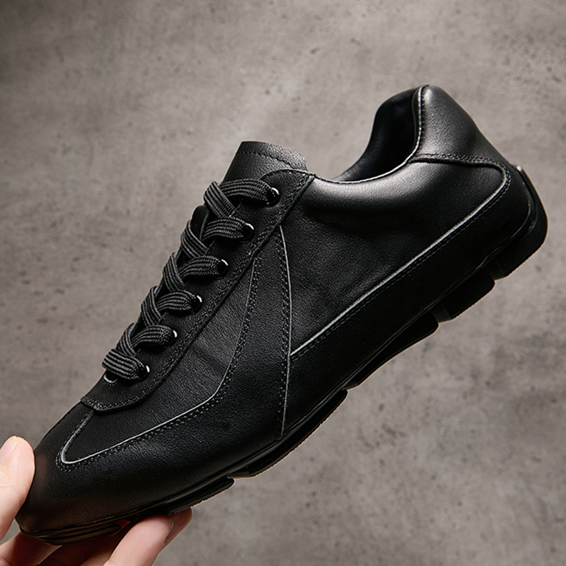 2025秋季新款德训鞋男真皮黑色高级感薄底休闲运动鞋光面牛皮板鞋