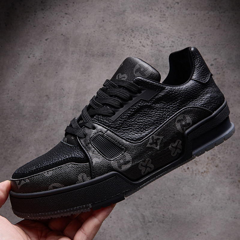 欧洲站春季新款男鞋真皮黑色印花潮牌厚底增高休闲鞋手工奢侈板鞋