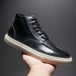 欧洲站2026秋冬季新款高帮男鞋真皮系带简约休闲鞋头层牛皮平底鞋