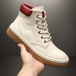 男韩版 欧洲站2025秋冬季 真皮厚底小白鞋 高帮男鞋 系带马丁靴男 新款