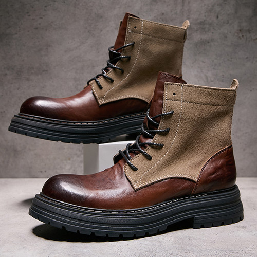 欧洲站秋冬季新款马丁靴男真皮拼接时尚潮流厚底短靴手工机车靴男
