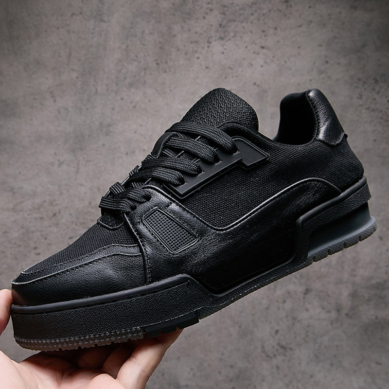 2026春季新款男鞋真皮黑色拼接时尚潮牌休闲鞋厚底增高百搭板鞋男