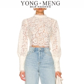 百搭法式 灯笼袖 上衣白色高级短款 T恤小众蕾丝打底衫 长袖 新款 女装