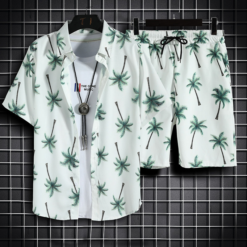 夏威夷沙滩衬衫套装男士宽松短袖潮牌海南岛服三亚旅游半袖花衬衣