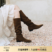 新款 73hours女鞋 纳什维尔2025冬季 尖头棕色长筒西部靴显瘦堆堆靴