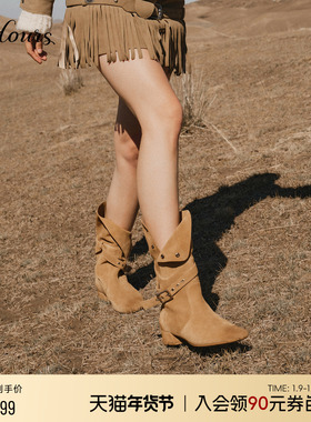 73hours女鞋牛仔假日25冬季新款堆堆靴美拉德西部牛仔靴子女短靴