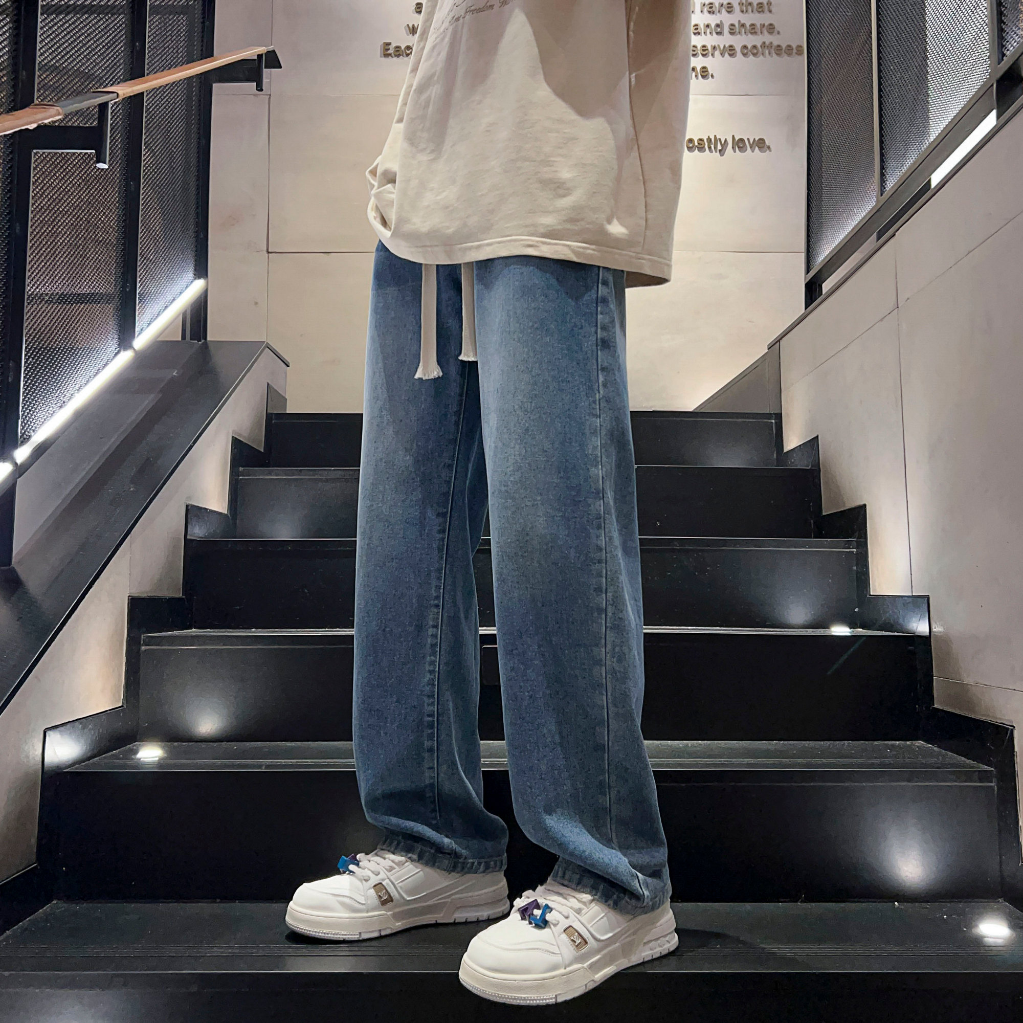怀旧蓝拖地裤美式潮牌宽松直筒渐变色牛仔长裤子N2308P50,男装休闲裤,星座914-1