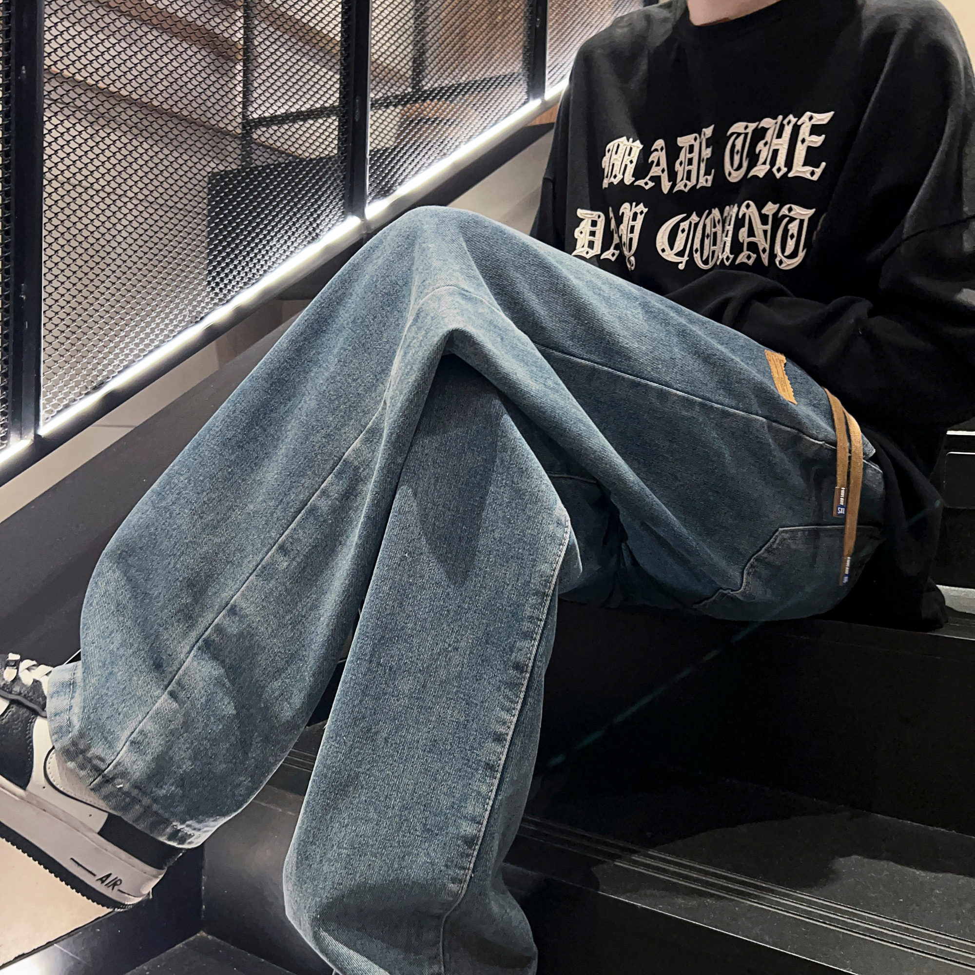 做旧水洗港风ins潮流宽松直筒阔腿裤子复古高街休闲裤N838P40,男装休闲裤,星座914-1