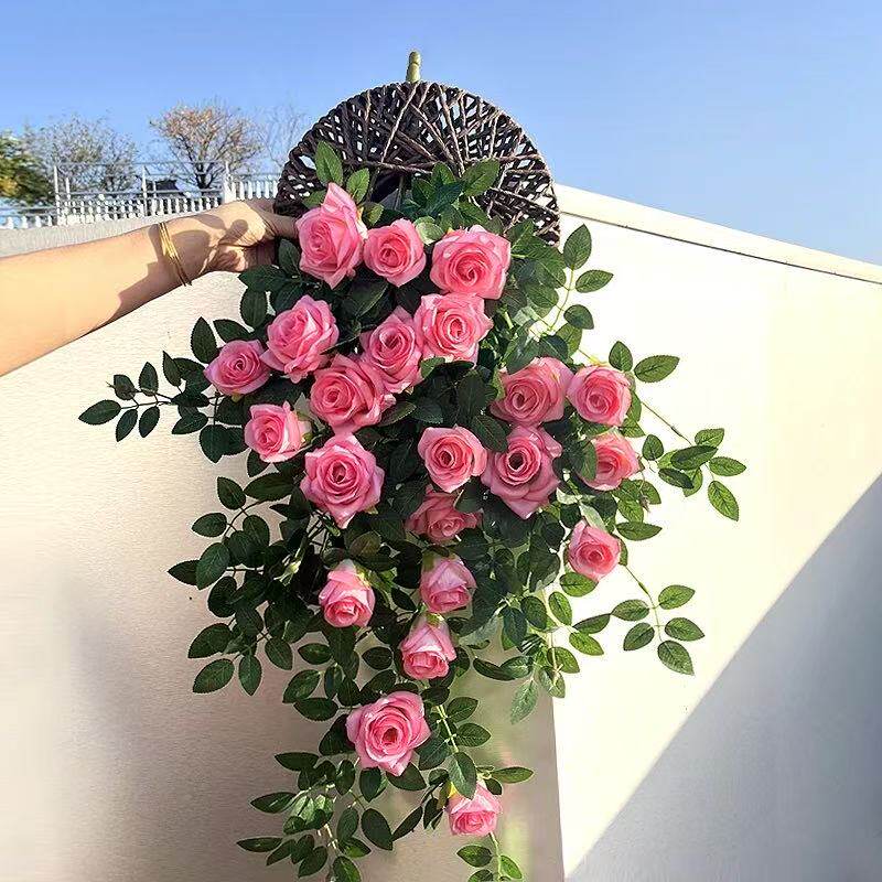 仿真玫瑰壁挂花吊兰花 客厅装饰花吊篮花卉假花挂壁吊顶装饰绿叶