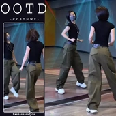 美式 休闲裤 辣妹修身 上衣女搭配宽松显瘦高腰工装 显瘦黑色短袖 时尚