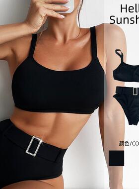 欧美纯色性感漏背分体女泳衣黑色舒适保守女士比基尼海边温泉