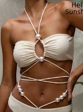 2025新款欧美露背分体比基尼泳衣女性感高弹系带沙滩度假bikini