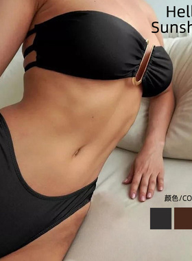 2025新款性感游泳衣欧美纯色锦纶高腰泳装泡温泉沙滩比基尼bikini