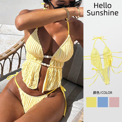 百叶面料分体比基尼系带挂脖泳衣