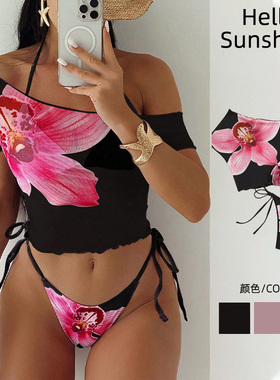 欧美黑色短袖外罩衫挂脖三件套比基尼定版花朵印花系带泳衣女套装
