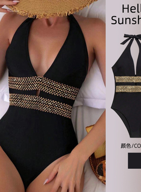 新款欧美深V黑色游泳衣女连体保守遮肚显瘦性感露背高腰速干泳装